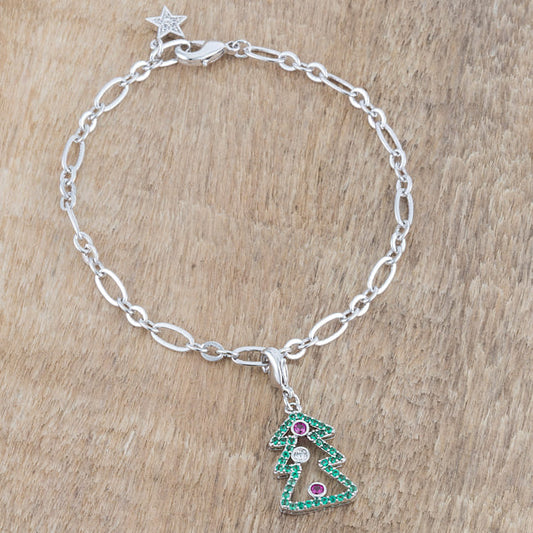Christmas Tree 0.35ct CZ Rhodium Holiday Charm Bracelet