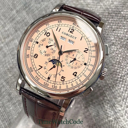 Corgeut 42mm Automatic Men's Watch Date Day Month Year Rose Gold Dial Multifunction 316L Leather Strap Polished Case Day Night
