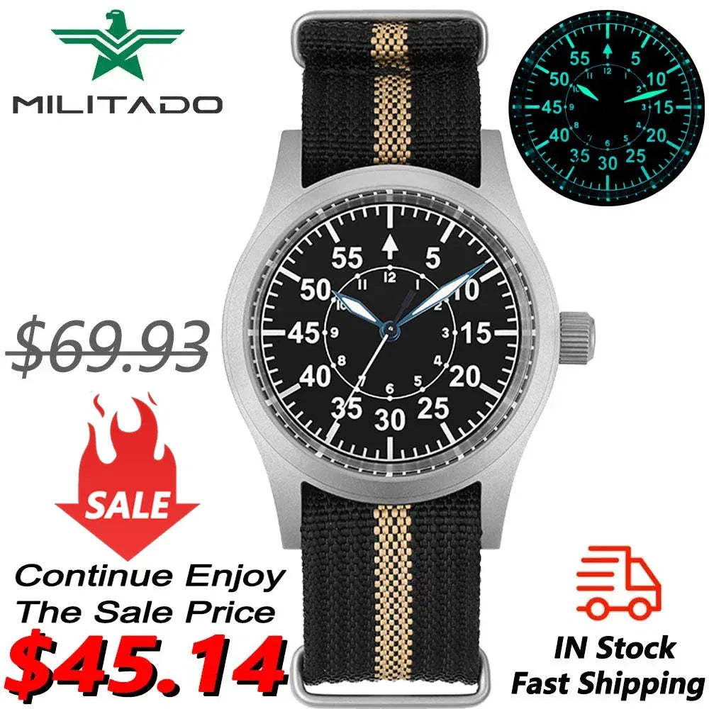 Militado ML05 Military Watch VH31 Quartz Movement Domed Sapphire Crystal Wristwatch High Clear AR Coating 38mm Vintage Watches