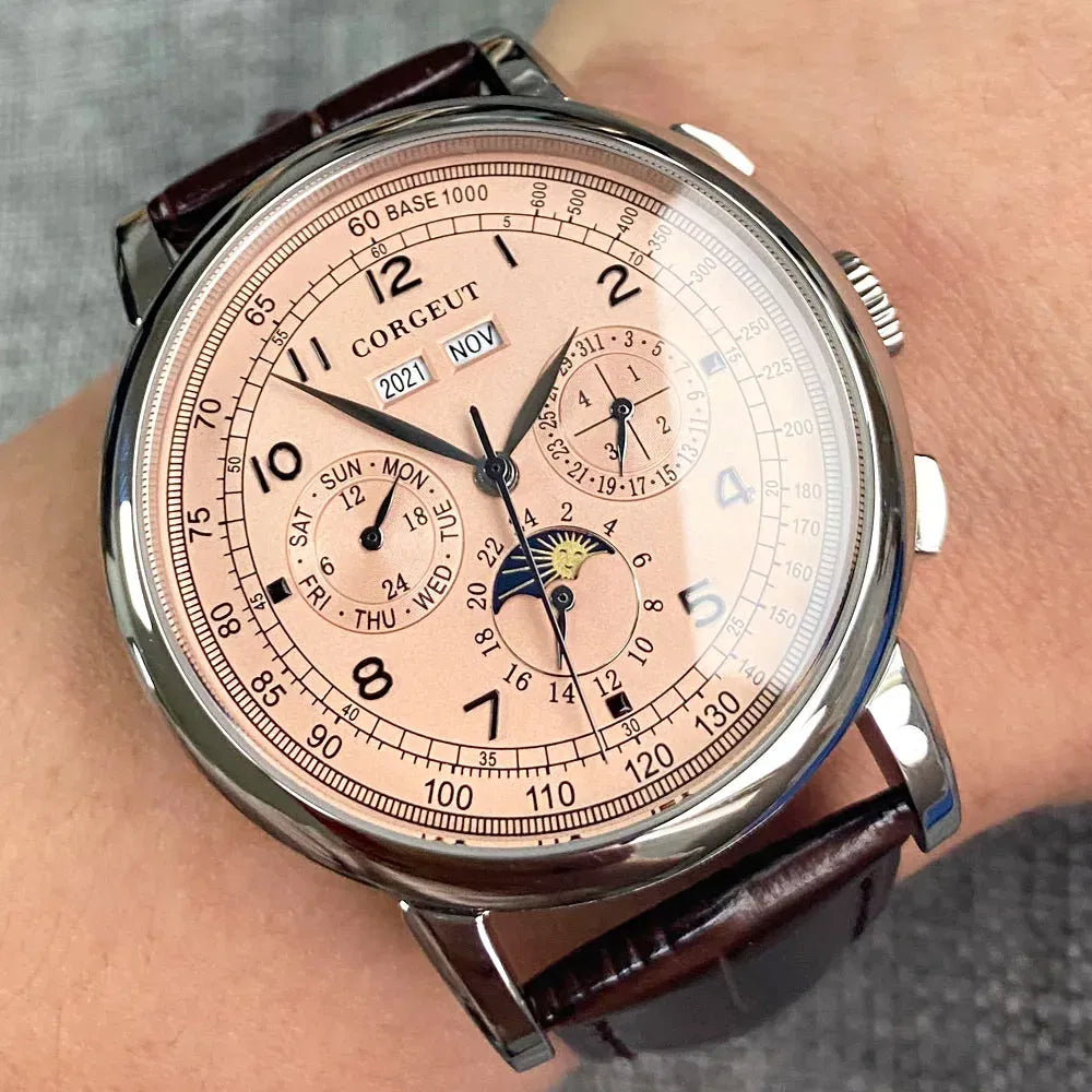Corgeut 42mm Automatic Men's Watch Date Day Month Year Rose Gold Dial Multifunction 316L Leather Strap Polished Case Day Night