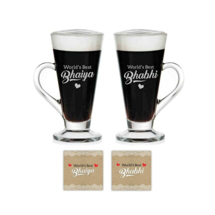 Engraved King Bro Queen Bhabhi Glass Tea Cups with Rakhi