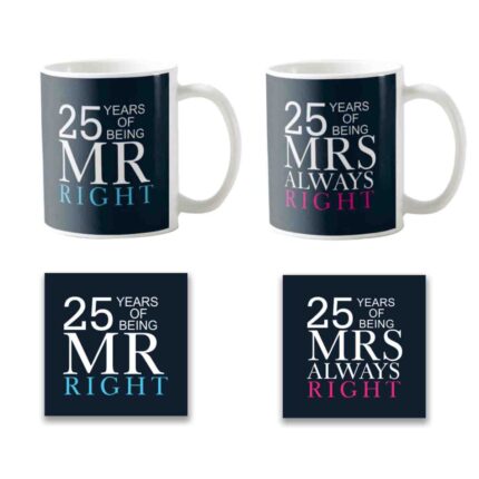 25th Anniversary Mr Right Mrs Always Right Couple Coffee Mugs Set of 2
