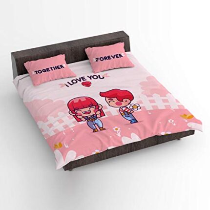 Valentine Gifts Love Puzzle Romantic Couple bedsheet for Girlfriend, Boyfriend, Husband, Wife with 2 Pillow Covers - Pink