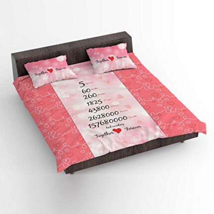 5 Years Together Forever Printed Bedsheet for Couple with 2 Pillow Covers - Pink
