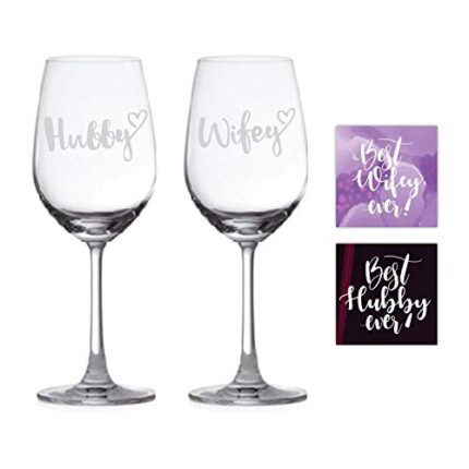 Anniversary Gifts for Couple, Hubby Wifey Engraved Wine Glass Set of 2 for Husband Wife with Coasters