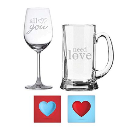 Yaya Cafe Valentines Special Gift for Husband Wife Engraved Beer Wine Glass All You Need is Love Set of 4