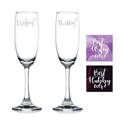 Gifts for Husband Wife for Couple Engraved Hubby Wifey Couple Champagne Flutes Set of 4 for Anniversary Husband Wife with Coasters - Duchess 165 ml