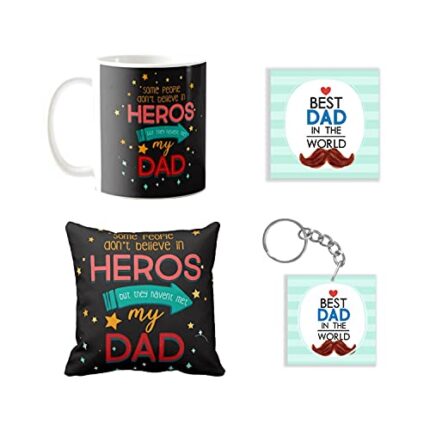 Hero Dad Canvas Cotton Cushion Cover of 12X12 inches, Mug of 330 ml, Coaster, Keychain for Dad