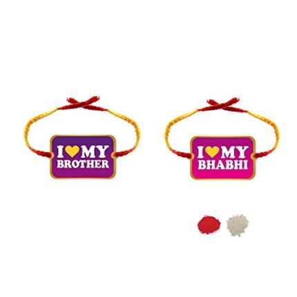 TheYaYaCafe Rakhi for Bhaiya Bhabhi I Love My Brother Bhabhi Printed Rakhi Raksha Bandhan with Roli Chawal - Set of 2
