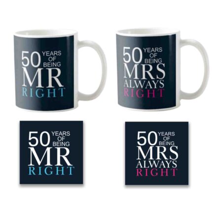 50th Anniversary Mr Right Mrs Always Right Couple Coffee Mugs Set of 2