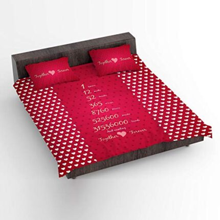 1st Year Together Forever Printed Bedsheet for Couple with 2 Pillow Covers - Red