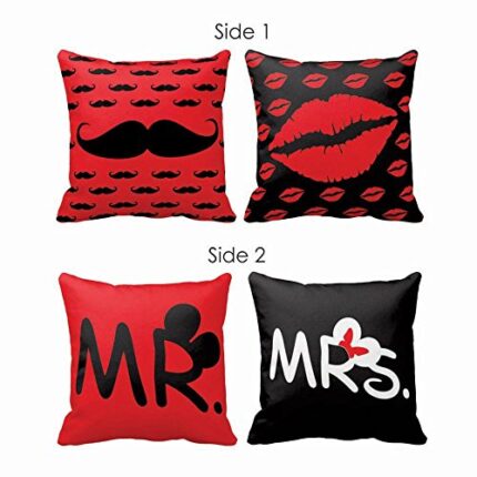 Cotton Tyyc Love Cute Mr Mrs Moustache and Kiss Printed 20X20 Inches Pillow Cushion Cover-Red (Set of 2)