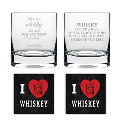 Whisky is Like A Kiss Engraved Stelvio Whiskey Glasses Set of 2 with Coaster - 325 ml