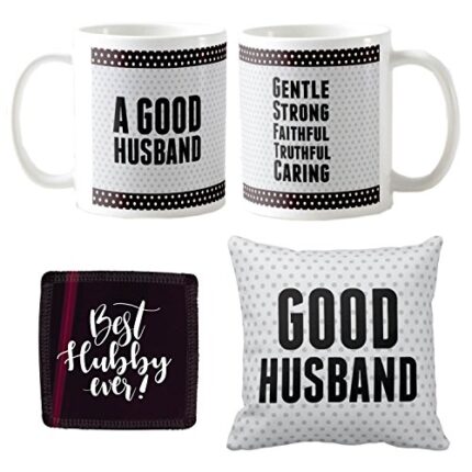 Anniversary Birthday Gifts for Husband Special Romantic, Good Husband Coffee Mugs for Husband Gift Combo Hamper Set of 3 with Mug, Cushion Cover, Coaster