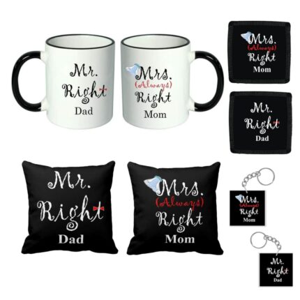 Mr Right Mrs Always Right Mom Dad Mug 330 ml with 12x12 inches Cushion Cover, Table Coaster, Keychain (Gift Combo)
