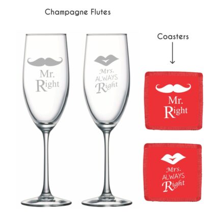 Engraved Mr Right Mrs Always Right Champagne Flutes Set of 2