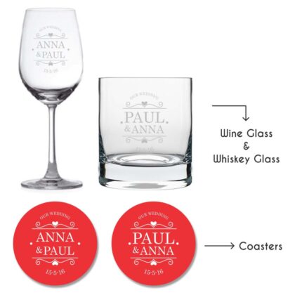 Personalised Our Wedding Wine Glass & Whiskey Glass