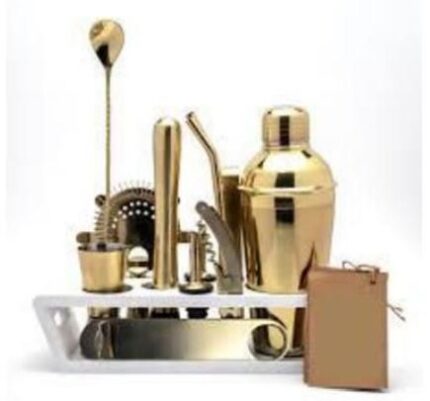 GOLDEN BAR SET WITH WOODEN BLACK BASE WITH COPPER ACCESSORIES