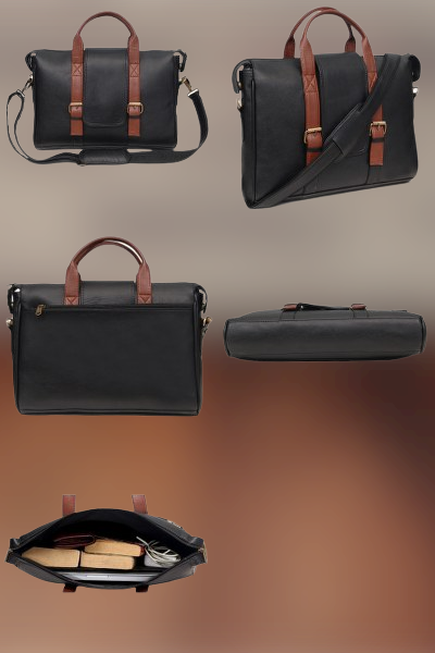 BLACK AND BROWN LEATHEREETE BAG