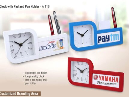 A116 – Clock with pad and pen holder | Branding included MOQ 200...