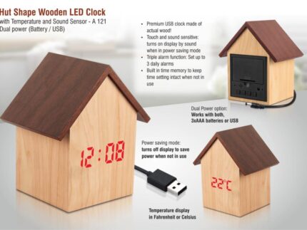 A121 – Hut shape wooden LED clock with temperature and sound...