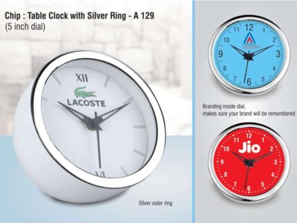 A129 – Chip: Table clock with Silver ring | 5 inch dial | Branding...