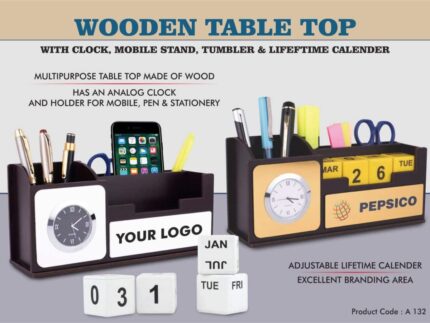 A132 – Wooden Table top with Clock, mobile stand, tumbler, and...