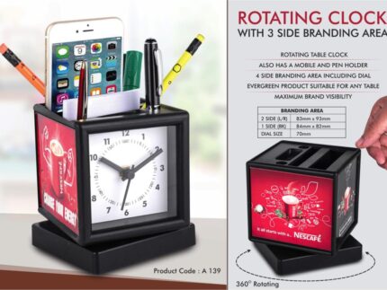 A139 – Rotating clock with 3 side branding area | Has pen stand &...