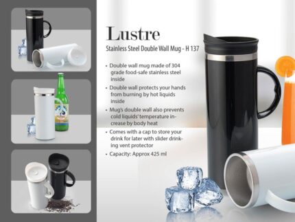 H137 – Lustre Stainless steel Double wall mug (425 ml approx) –...