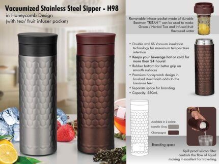 H98 – Vacuumized Tea/ Fruit infuser SS sipper in Honeycomb design...