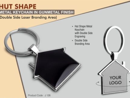 J126 – Hut shape metal keychain in Black finish (Double side...