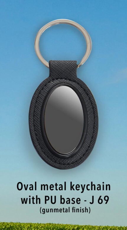 J69 – Oval metal keychain with PU base (gunmetal finish) – Best...