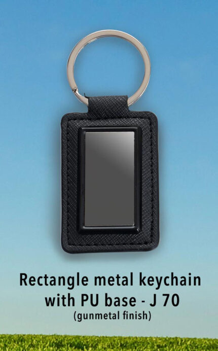 J70 – Rectangle metal keychain with PU base (gunmetal finish) –...