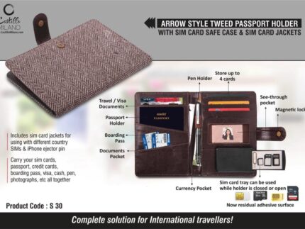 S30 – Arrow style Tweed Passport holder with Sim Card Safe Case &...