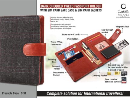 S31 – Dark Chequed Tweed Passport holder with Sim Card Safe Case &...