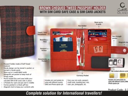 S32 – Brown Chequed Tweed Passport holder with Sim Card Safe Case...