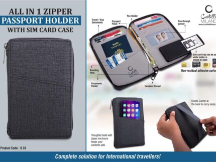 S33 – All in 1 Zipper Passport holder with Sim card case- Gray –...