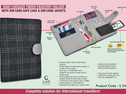S34 – Gray Chequed Tweed Passport holder with Sim Card Safe Case &...