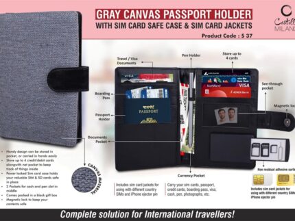 S37 – Gray Canvas Passport holder with Sim Card Safe Case & Sim...